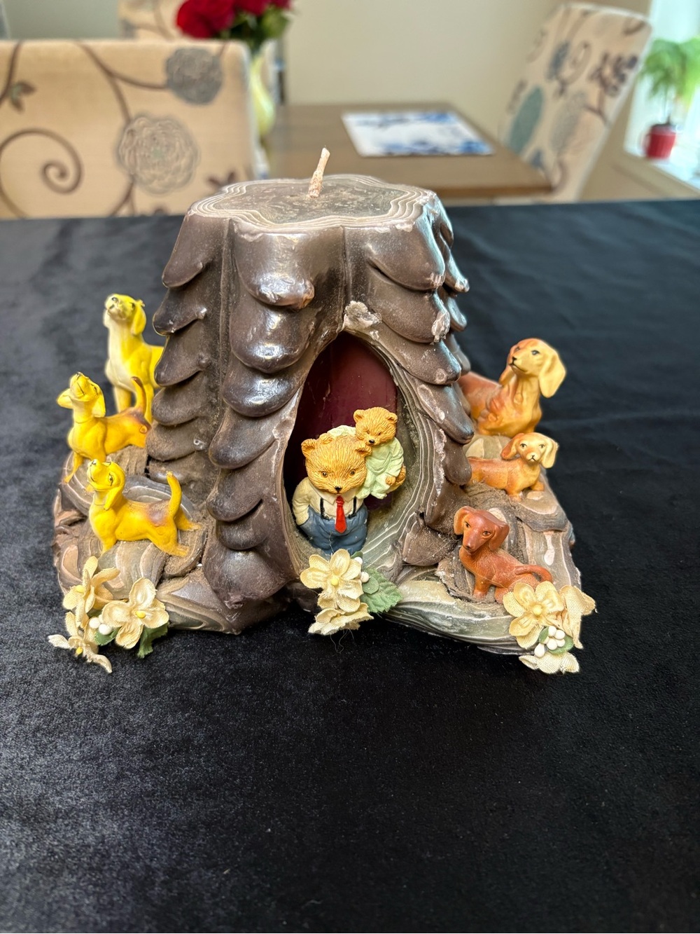 Vintage Tree Stump Wax Art Candle / Whimsical Dogs Bears Figurine